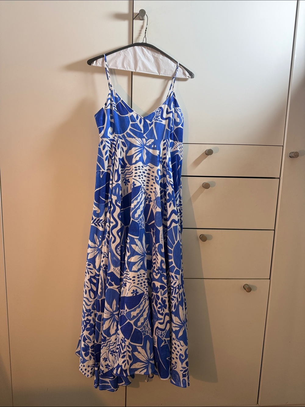 Aqua Blue and White Floral Spaghetti-Strap Maxi Dress
